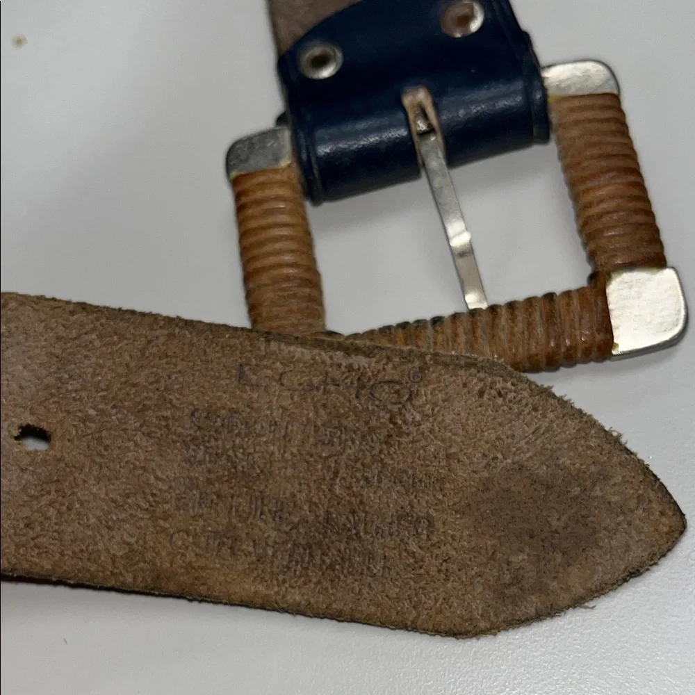 Echo Navy Leather Belt with Silver Tone & Tan Twine Buckle size small
